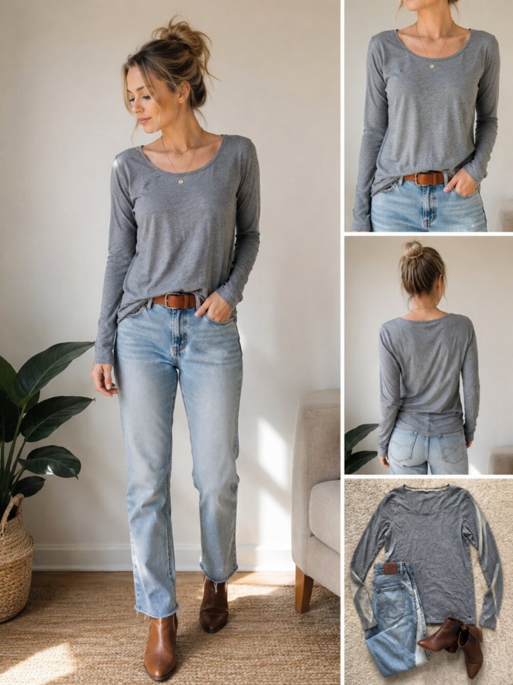 Lucky Brand Gray Long Sleeve Scoop Neck Tee Shirt Women’s Size Medium